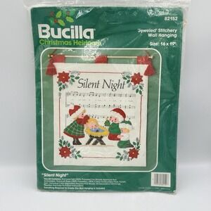 VTG Bucilla Silent Night Jeweled Stitchery Kit Christmas Wall Hanging 16x19 RARE